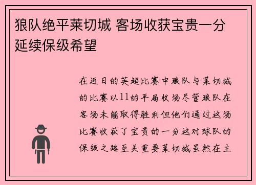 狼队绝平莱切城 客场收获宝贵一分 延续保级希望