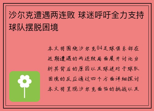 沙尔克遭遇两连败 球迷呼吁全力支持球队摆脱困境
