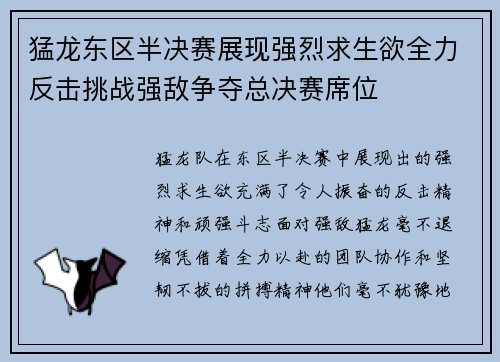 猛龙东区半决赛展现强烈求生欲全力反击挑战强敌争夺总决赛席位