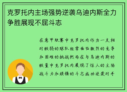 克罗托内主场强势逆袭乌迪内斯全力争胜展现不屈斗志